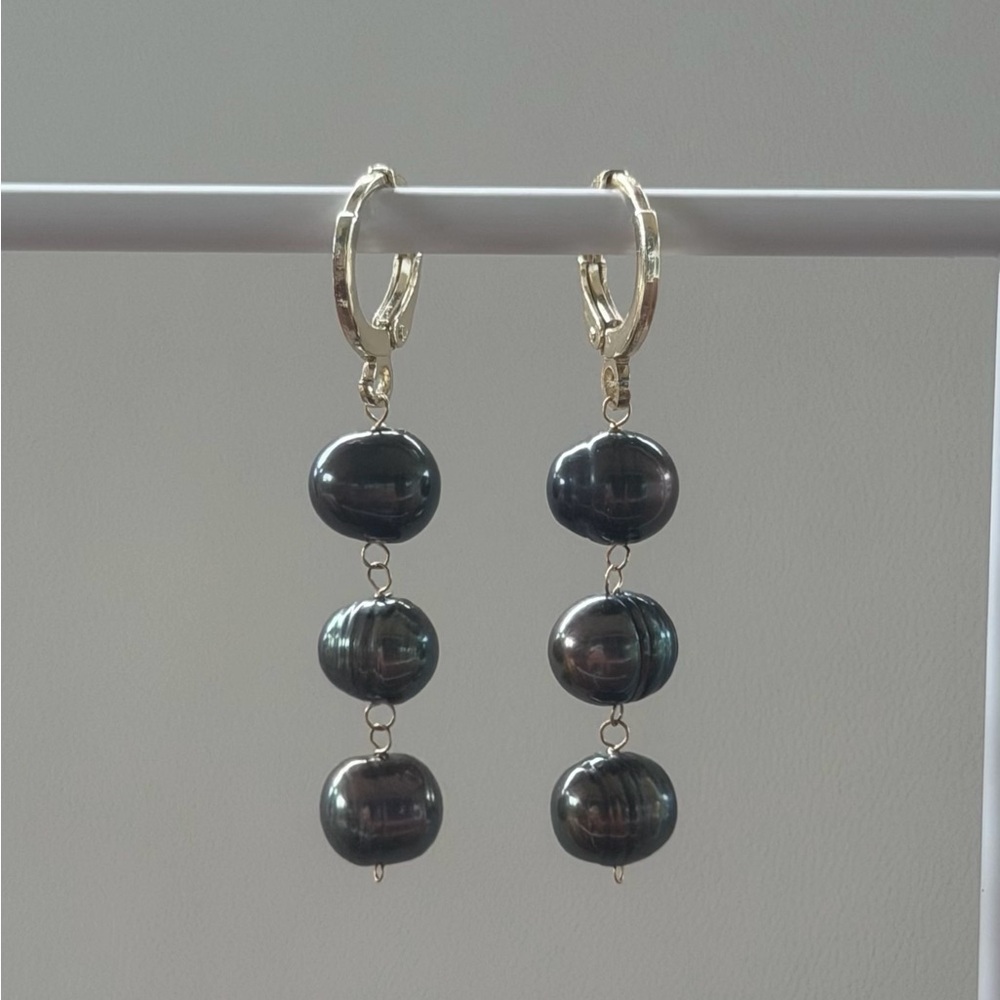 Triple Black Fresh Water Pearl Drop Earrings